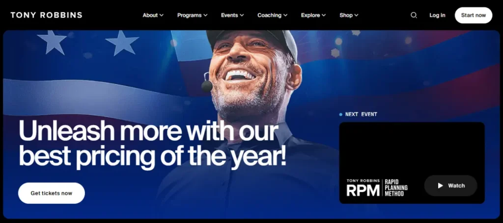 Life coach website example Tony Robbins